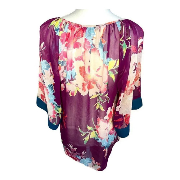 Express Women’s Small Burgundy‎ Floral V-Neck Sheer Blouse With Tie Neck - Picture 3 of 6